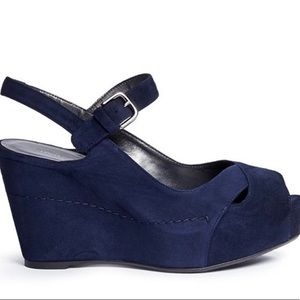 Stuart Weitzman Turnover Blue Suede Wedge Platform Sandals Size 9M